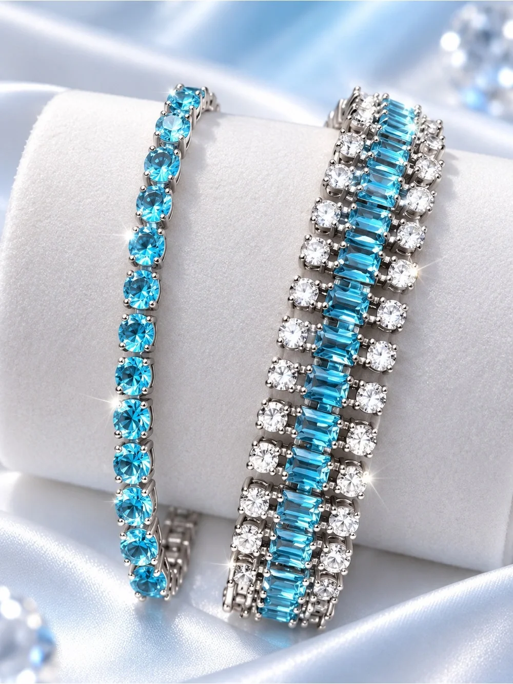 Blue Crystal Tennis Bracelets in Silver Tone Hypoallergenic